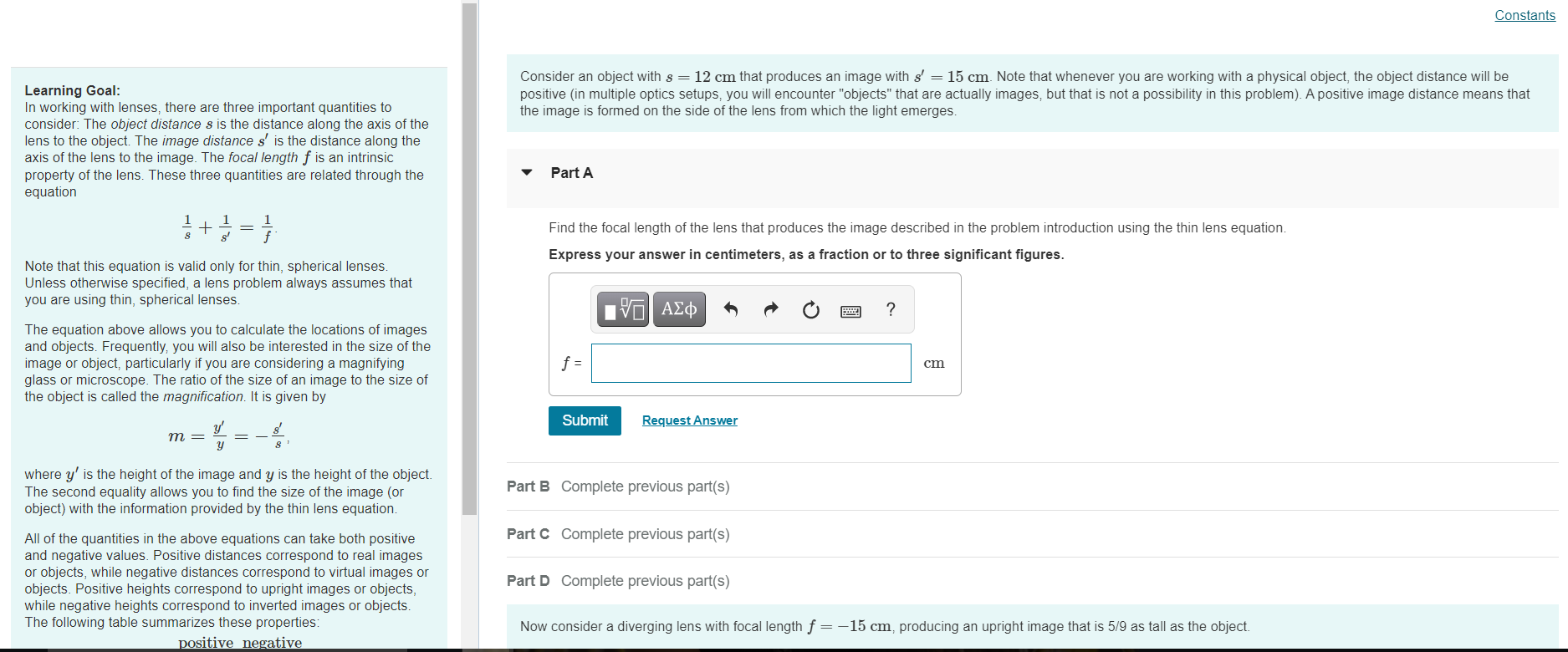 Constants Consider An Object With S 12 Cm That Produces An Image With S 15 Cm Note That Whenever You Are Working W 1