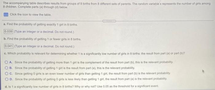 The Accompanying Table Describes Results From Groups Of B Births From 8 Different Sets Of Parents The Random Variablex 1