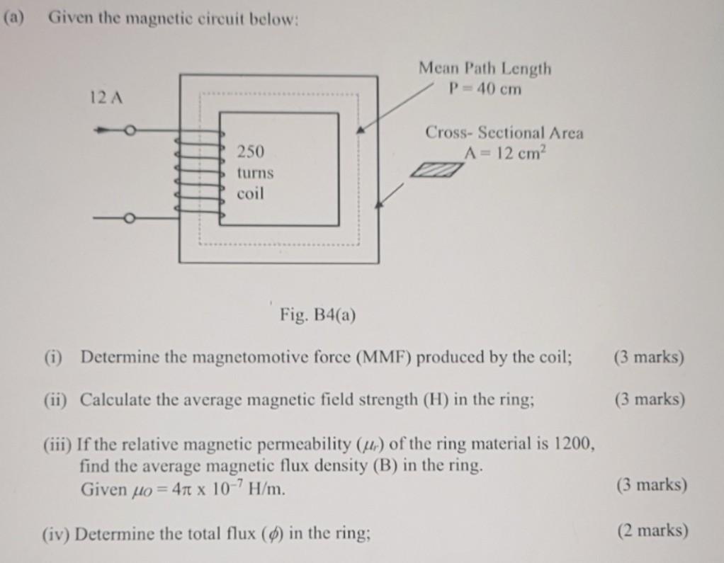 A Given The Magnetic Circuit Below Mean Path Length P 40 Cm 12 A Cross Sectional Area A 12 Cm 250 Turns Coil Fig 1