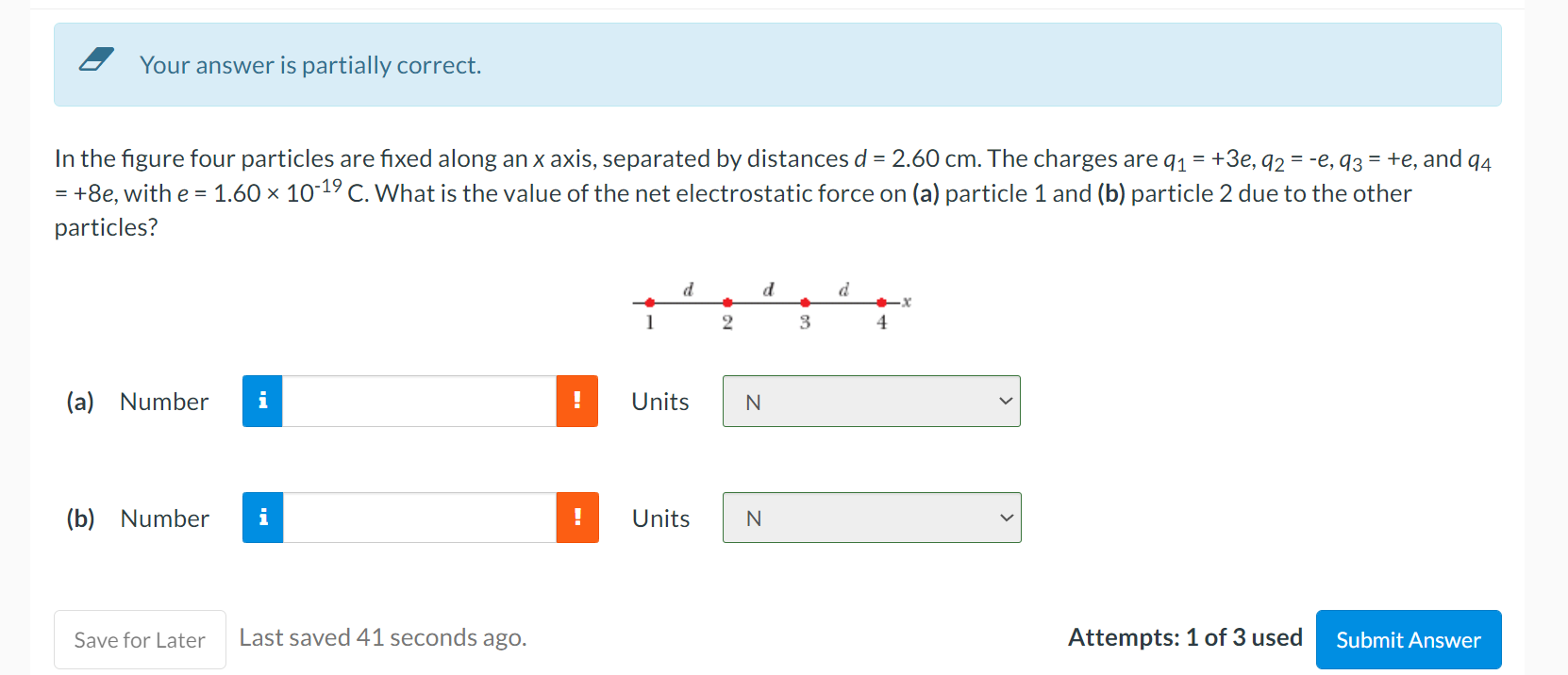 Your Answer Is Partially Correct In The Figure Four Particles Are Fixed Along An X Axis Separated By Distances D 2 6 1
