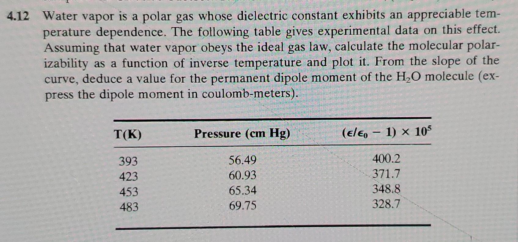 4 12 Water Vapor Is A Polar Gas Whose Dielectric Constant Exhibits An Appreciable Tem Perature Dependence The Followin 1