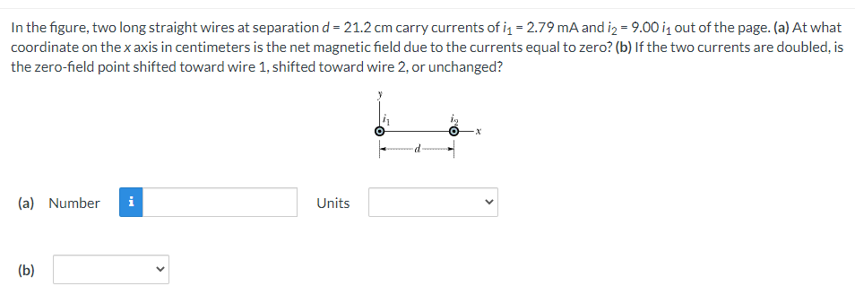 In The Figure Two Long Straight Wires At Separation D 21 2 Cm Carry Currents Of I1 2 79 Ma And 12 9 00 I1 Out Of 1