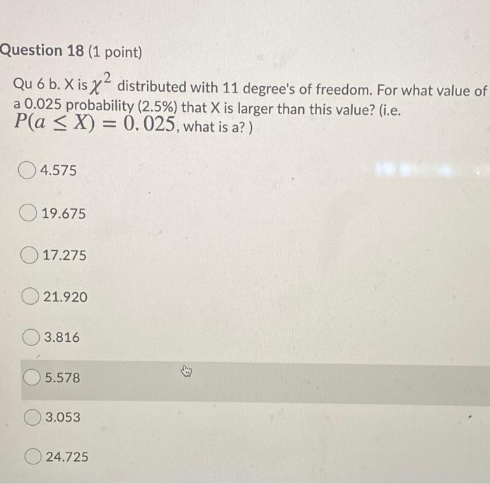 Question 18 1 Point Qu 6 B X Is X2 Distributed With 11 Degree S Of Freedom For What Value Of A 0 025 Probability 2 1