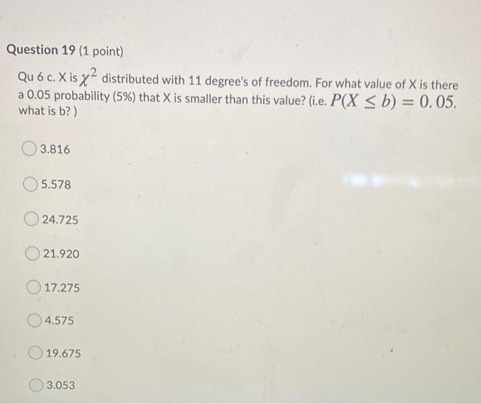 Question 19 1 Point Qu 6 C X Is X2 Distributed With 11 Degree S Of Freedom For What Value Of X Is There A 0 05 Proba 1