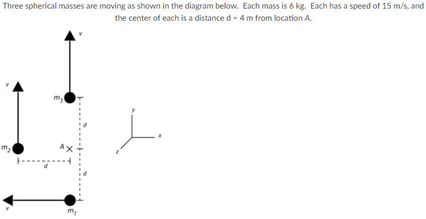 Three Spherical Masses Are Moving As Shown In The Diagram Below Each Mass Is 6 Kg Each Has A Speed Of 15 M S And The 1
