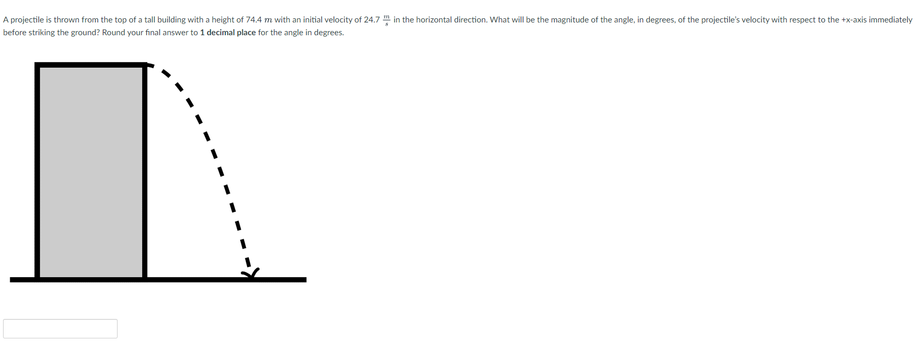 A Projectile Is Thrown From The Top Of A Tall Building With A Height Of 74 4 M With An Initial Velocity Of 24 7 Ms In Th 1