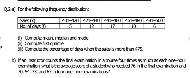 Q 2 A For The Following Frequency Distribution Sales X No Of Days 0 401 420 421 440 441 460 461 480 481 500 5 12 1