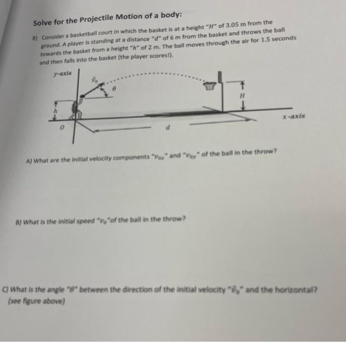 Solve For The Projectile Motion Of A Body 8 Consider A Basketball Court In Which The Basket Is At A Height H Of 3 05 1