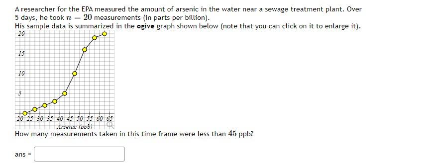 A Researcher For The Epa Measured The Amount Of Arsenic In The Water Near A Sewage Treatment Plant Over 5 Days He Took 1
