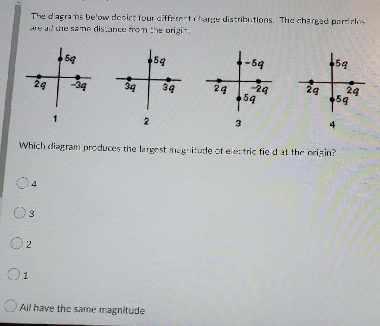 The Diagrams Below Depict Four Different Charge Distributions The Charged Particles Are All The Same Distance From The 1