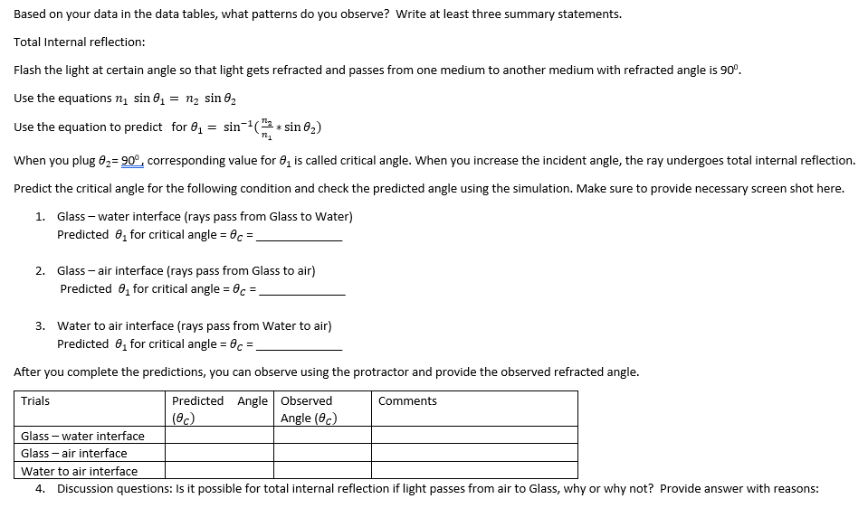 Study Of Law Of Refraction Of Light Top Material Air Top Index Of Refraction N Bottom Material Water Bottom Index O 3