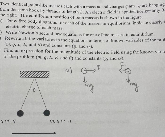 Two Identical Point Like Masses Each With A Mass M And Charges Q Are Q Are Hanging From The Same Hook By Threads Of Len 1