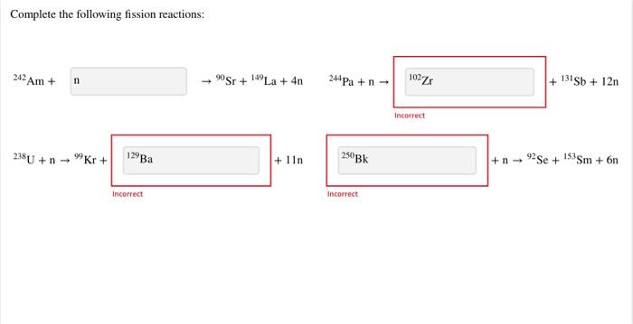Complete The Following Fission Reactions 242 Am N 90sr 149la 4n 244 Pa N 102z 131 Sb 12n Incorrect 238u N 1