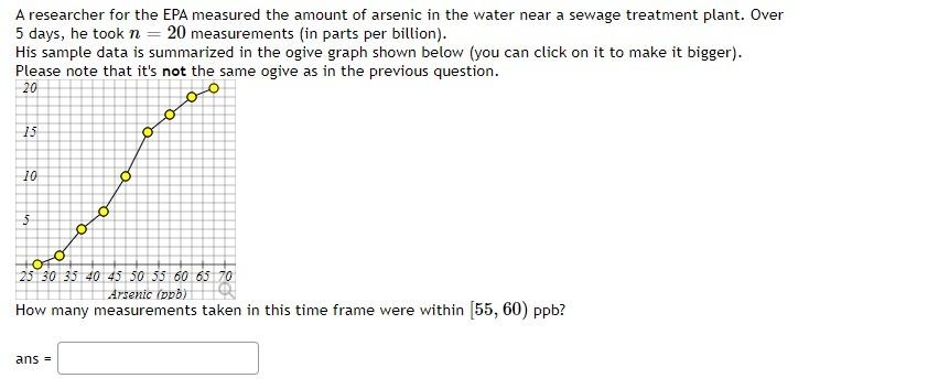 A Researcher For The Epa Measured The Amount Of Arsenic In The Water Near A Sewage Treatment Plant Over 5 Days He Took 1
