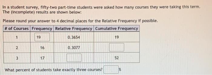 In A Student Survey Fifty Two Part Time Students Were Asked How Many Courses They Were Taking This Term The Incomplet 1