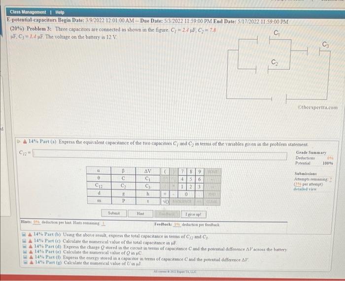 Class Management Help E Potential Capacitors Begin Date 39 2022 12 01 00 Am Due Date 5 3 2022 11 59 00 Pm End Date 1