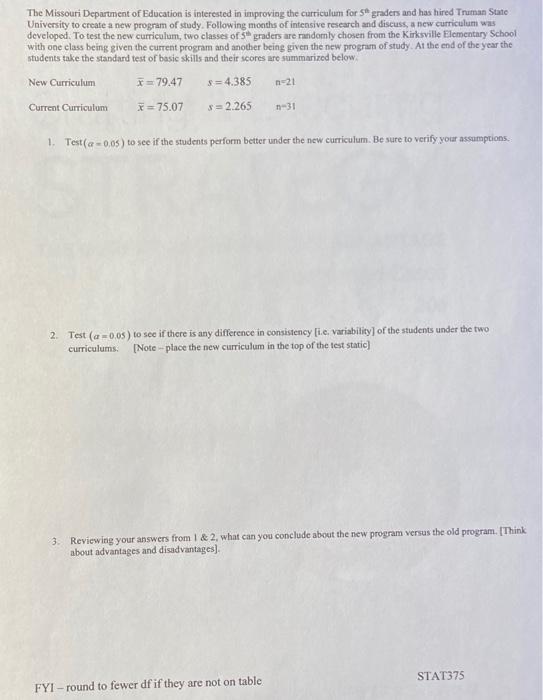 The Missouri Department Of Education Is Interested In Improving The Curriculum For 5 Graders And Has Hired Truman State 1