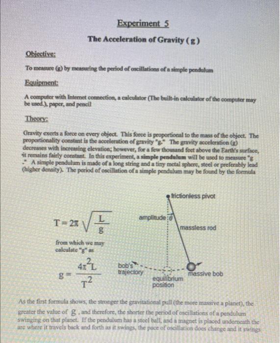 Experiment 5 The Acceleration Of Gravity G Obiective To Measure By Measuring The Period Of Oscillations Of A Simp 1