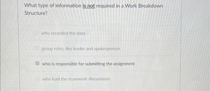 What Type Of Information Is Not Required In A Work Breakdown Structure Who Recorded The Data Group Roles Like Leader A 1