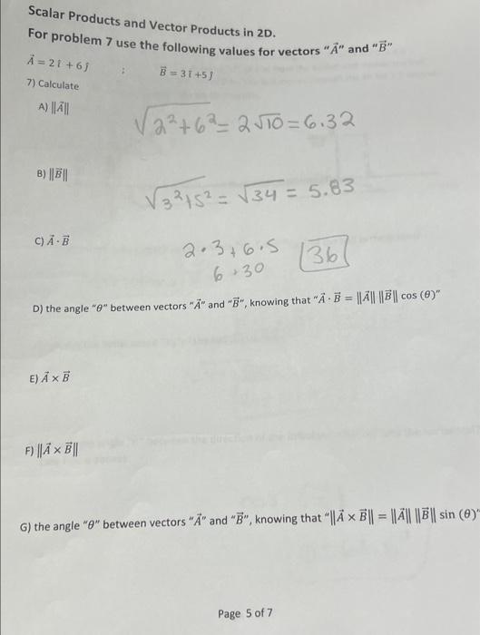 Scalar Products And Vector Products In 2d For Problem 7 Use The Following Values For Vectors A And B A 21 63 7 1