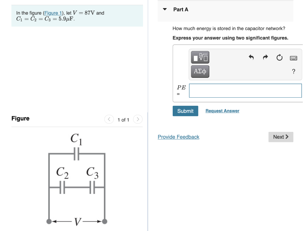 Part A In The Figure Figure 1 Let V 87v And C1 C2 C3 5 9uf How Much Energy Is Stored In The Capacitor Networ 1