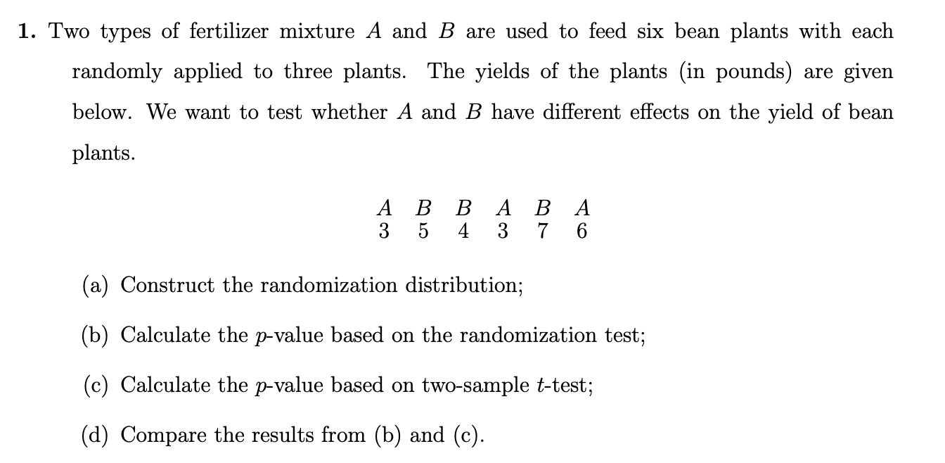 1 Two Types Of Fertilizer Mixture A And B Are Used To Feed Six Bean Plants With Each Randomly Applied To Three Plants 1