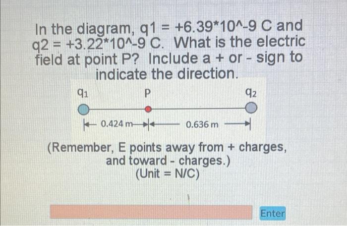 In The Diagram Q1 6 39 10 9 C And Q2 3 22 10 9 C What Is The Electric Field At Point P Include A Or Sig 1