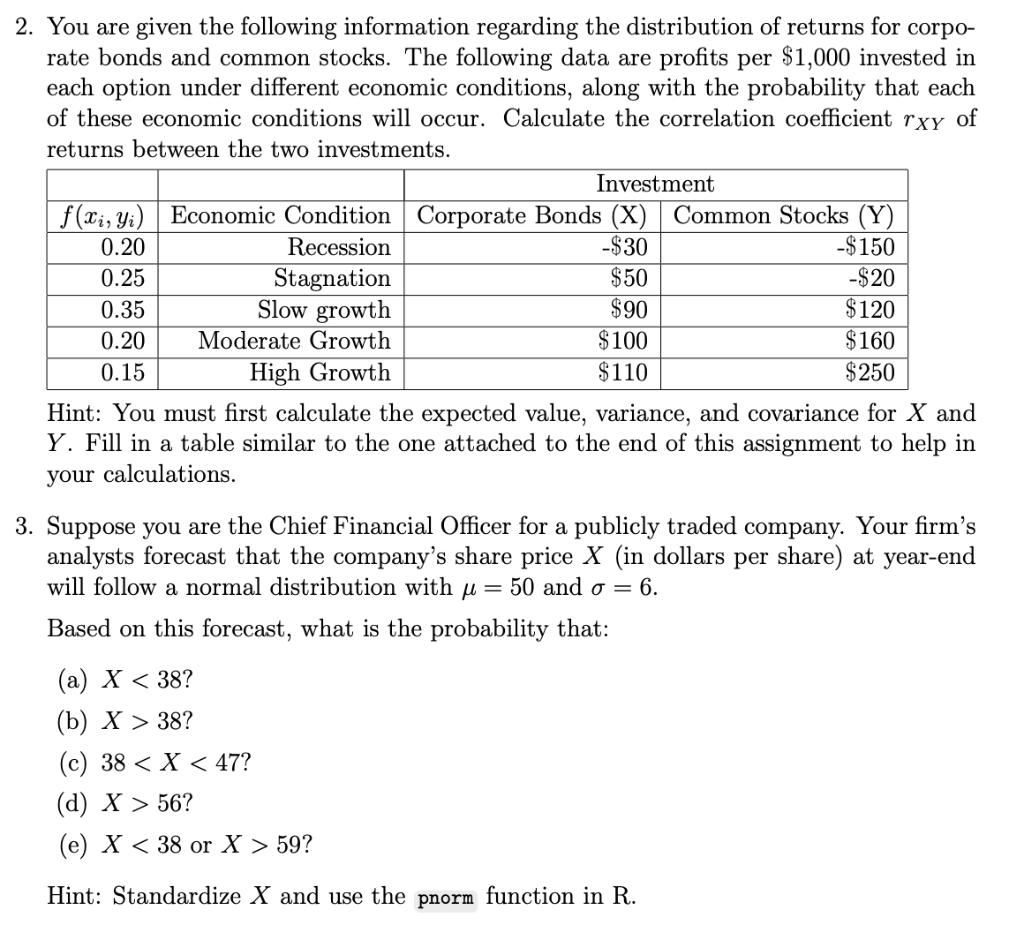 2 You Are Given The Following Information Regarding The Distribution Of Returns For Corpo Rate Bonds And Common Stocks 1