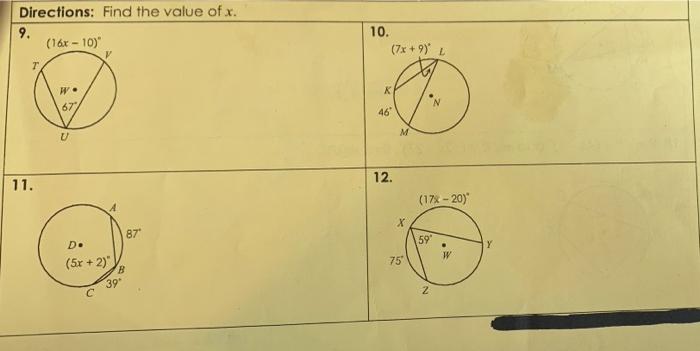 Directions Find The Value Of X 9 16x 10 10 7x 9 W K 67 46 M U 12 11 176 20 X 87 59 Y D 5r 2 75 3 3 1