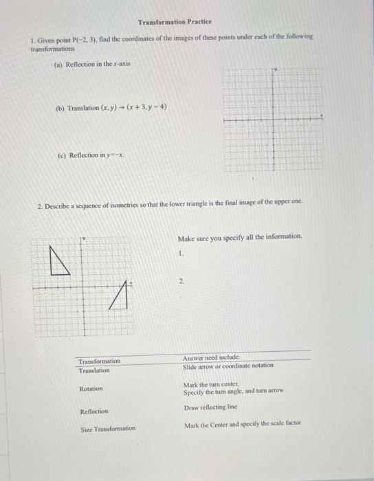 Transformation Practice 1 Given Point P 2 3 Find The Coordinates Of The Images Of These Points Under Cach Of The Fo 1