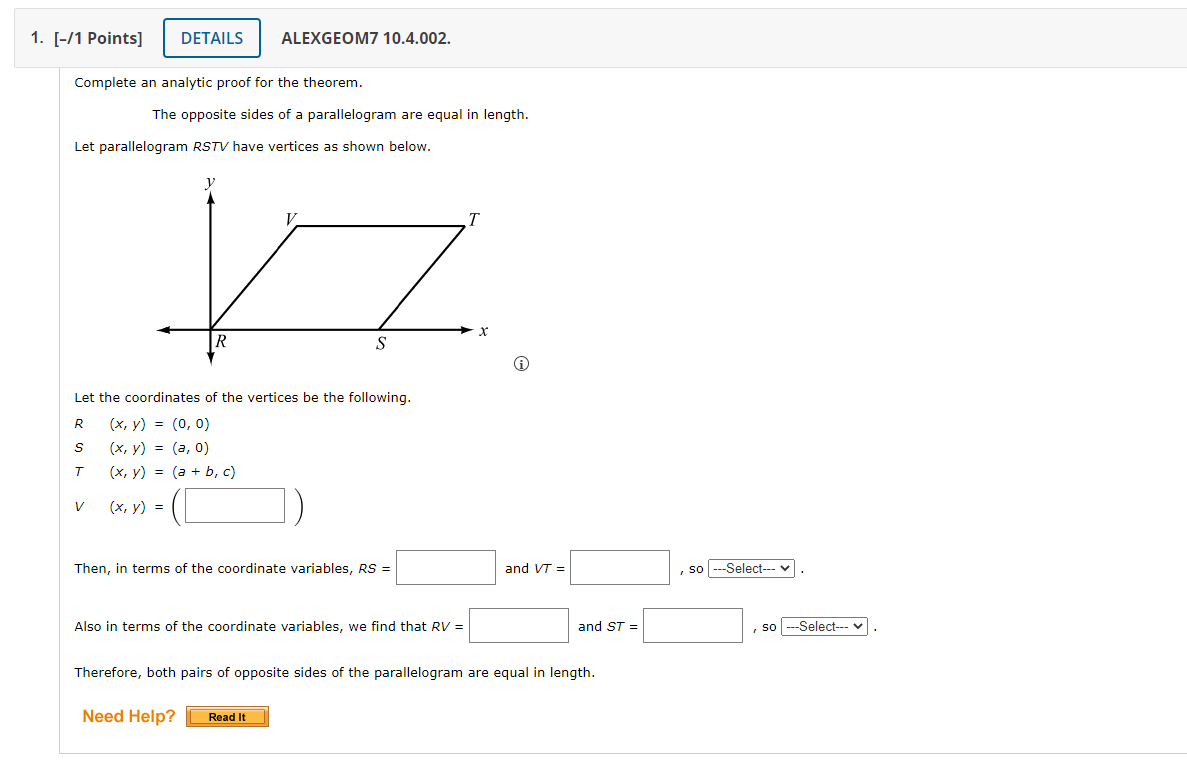 1 1 Points Details Alexgeom7 10 4 002 Complete An Analytic Proof For The Theorem The Opposite Sides Of A Parallel 1