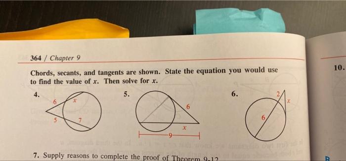 10 364 Chapter 9 Chords Secants And Tangents Are Shown State The Equation You Would Use To Find The Value Of X Th 1