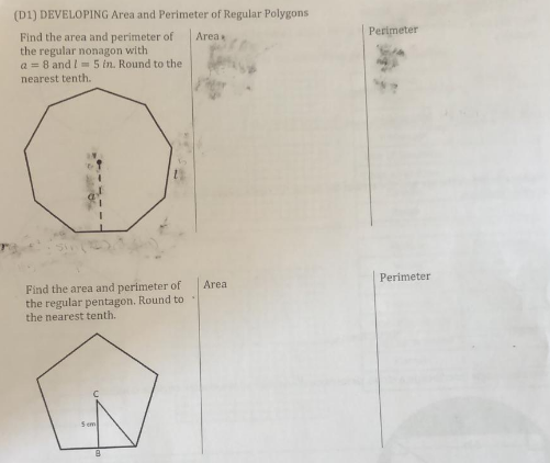 Perimeter D1 Developing Area And Perimeter Of Regular Polygons Find The Area And Perimeter Of Area The Regular Nonagon 1