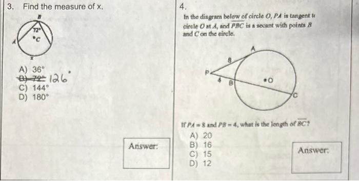 3 Find The Measure Of X 4 In The Diagram Below Of Circle 0 Pa Is Tangent Te Circle Om And Pbc Is A Secant With Poin 1