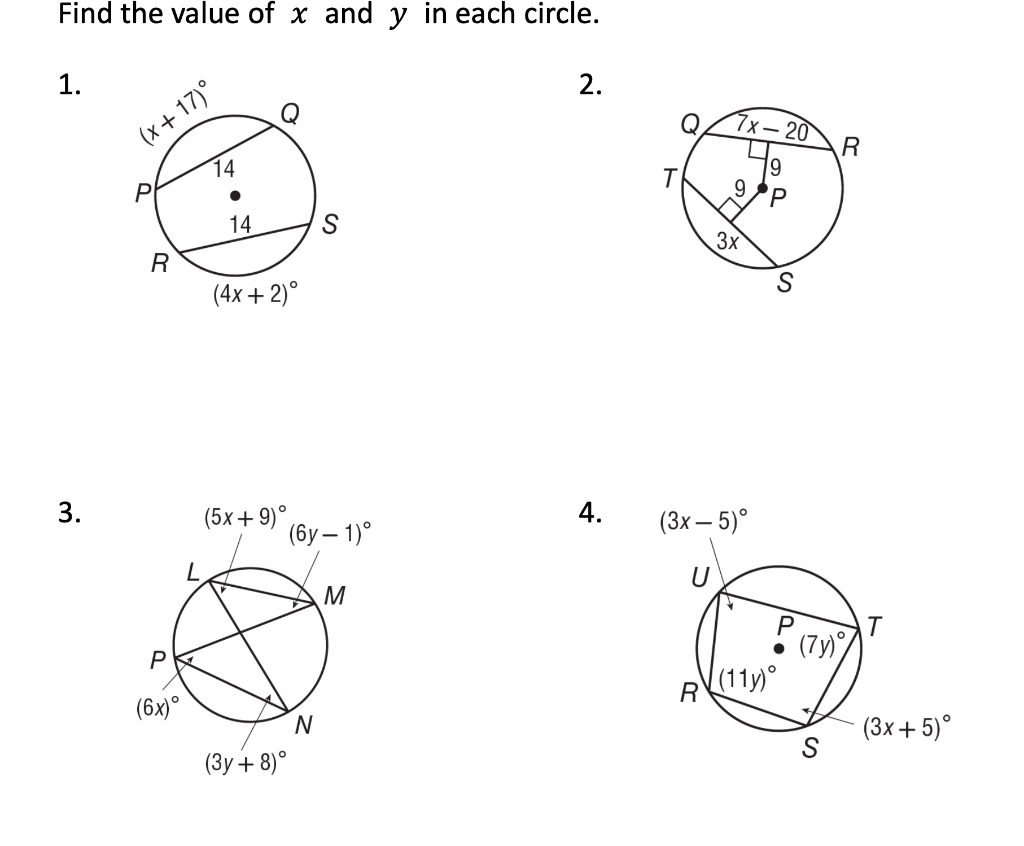Find The Value Of X And Y In Each Circle 1 2 Q 7x 20 X 17 49 R 14 T P 9 Po P 14 S 3x R S 4x 2 3 4 5x 9 1