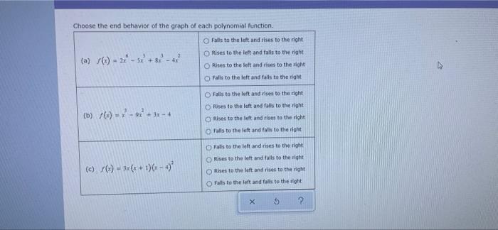 Choose The End Behavior Of The Graph Of Each Polynomial Function Falls To The Left And Rises To The Right Rises To The 1