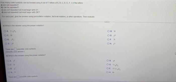 How Many Code Symbols Can Be Forved Uning 4 Out Of 6 Cd E F If The Stars Are Not Repeated B Can Be Repeated Ch Are No 2