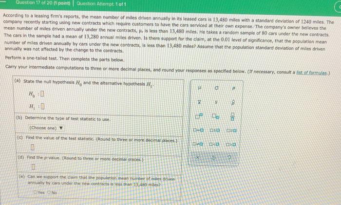 Question 17 Of 20 1 Point Question Attempt 1 Of 1 According To A Leasing Firm S Reports The Mean Number Of Miles Drive 1