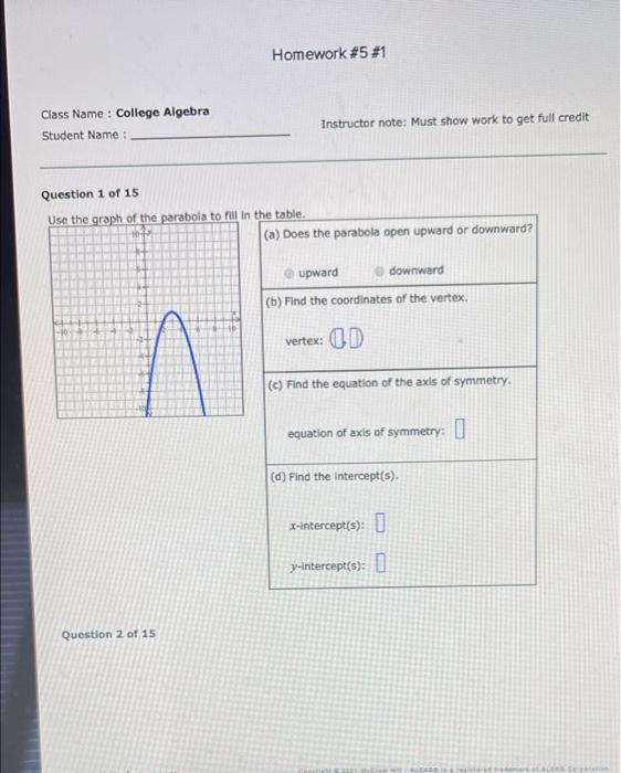 Homework 5 1 Class Name College Algebra Student Name Instructor Note Must Show Work To Get Full Credit Question 1 1