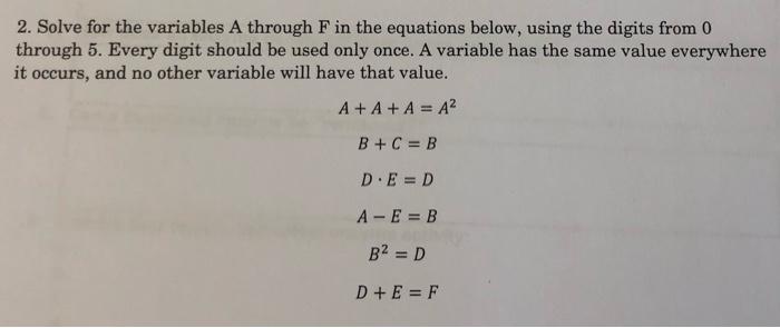 2 Solve For The Variables A Through F In The Equations Below Using The Digits From 0 Through 5 Every Digit Should Be 1