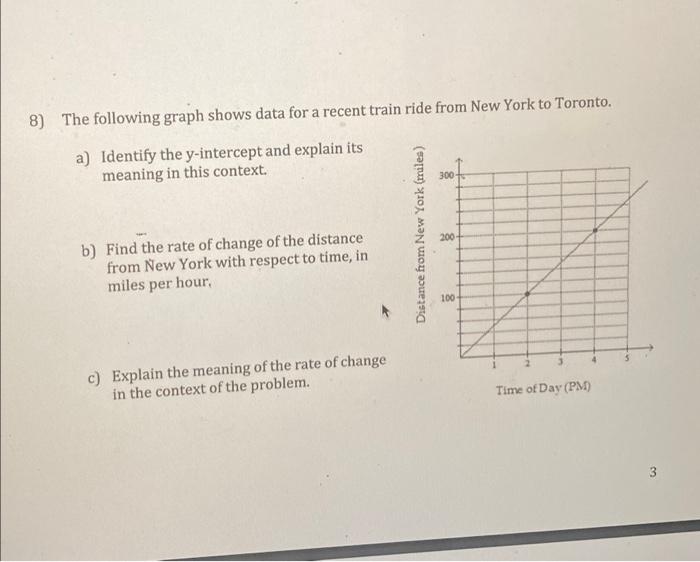 8 The Following Graph Shows Data For A Recent Train Ride From New York To Toronto A Identify The Y Intercept And Expl 1