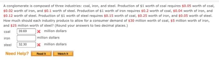 A Conglomerate Is Composed Of Three Industries Coal Iron And Steel Production Of 1 Worth Of Coal Requires 0 05 Wor 1
