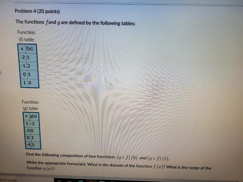 Problem 4 20 Points The Functions Fand G Are Defined By The Following Tables Function F Table X F X 21 1 2 0 1 1 1
