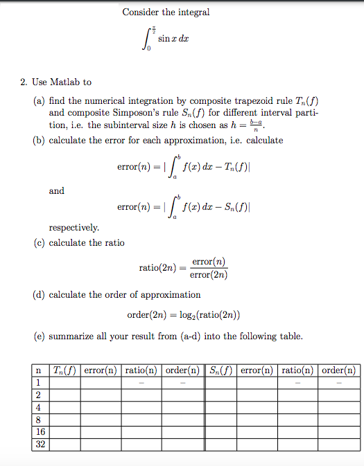 Consider The Integral Sin Da 2 Use Matlab To A Find The Numerical Integration By Composite Trapezoid Rule T S And Co 1