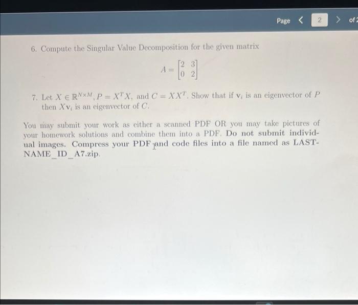Page 2 Of 6 Compute The Singular Value Decomposition For The Given Matrix 2 3 A 7 Let X Ern M P Xtx And C 1