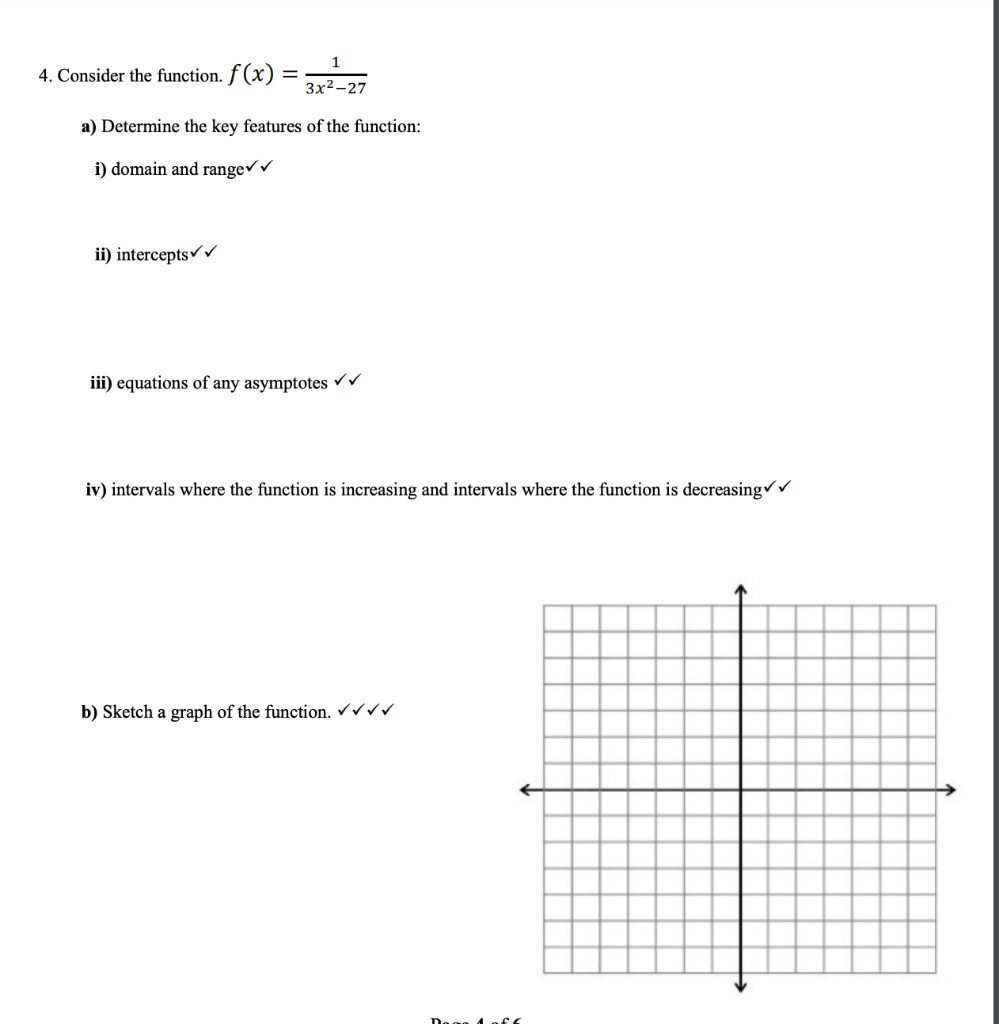 4 Consider The Function F X 3x2 27 A Determine The Key Features Of The Function I Domain And Ranger Ii Intercep 1