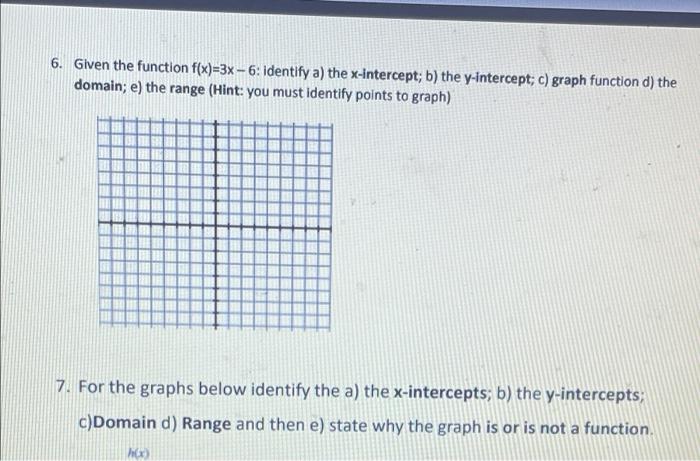 6 Given The Function F X 3x 6 Identify A The X Intercept B The Y Intercept C Graph Function D The Domain E 1