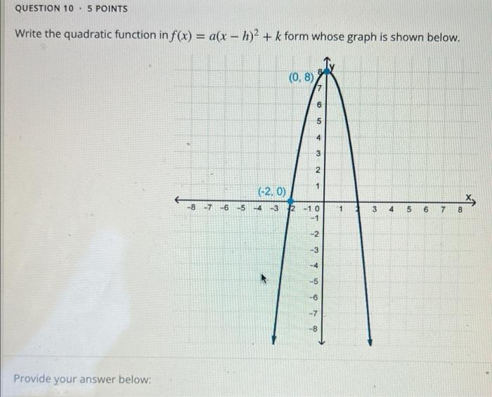 Question 10 5 Points Write The Quadratic Function In F X A X H 2 K Form Whose Graph Is Shown Below 0 8 6 5 3 N 1