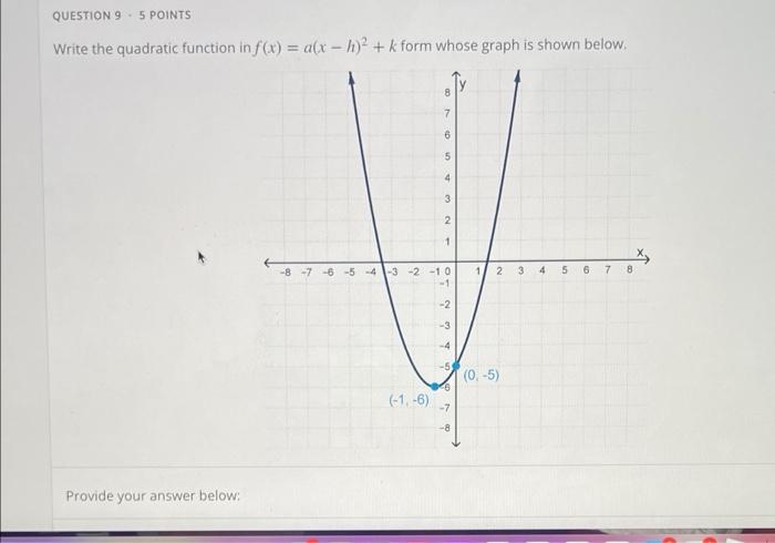 Question 9 5 Points Write The Quadratic Function In F X A X 1 2 K Form Whose Graph Is Shown Below 8 7 6 5 3 2 1