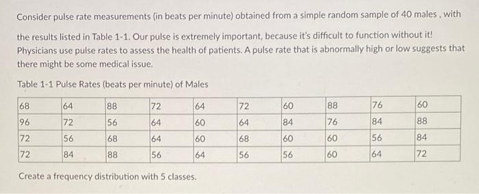 Consider Pulse Rate Measurements In Beats Per Minute Obtained From A Simple Random Sample Of 40 Males With The Result 1